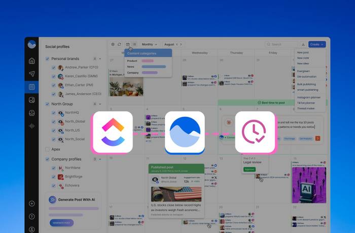 An illustration showcasing that ClickUp saves time by using Vista Social.